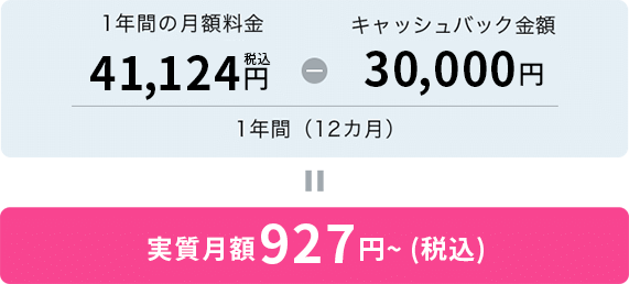 (1年間の月額料金41,124円(税込)-キャッシュバック金額30,000円)÷1年間(12カ月)=実質税抜927円~(税込)