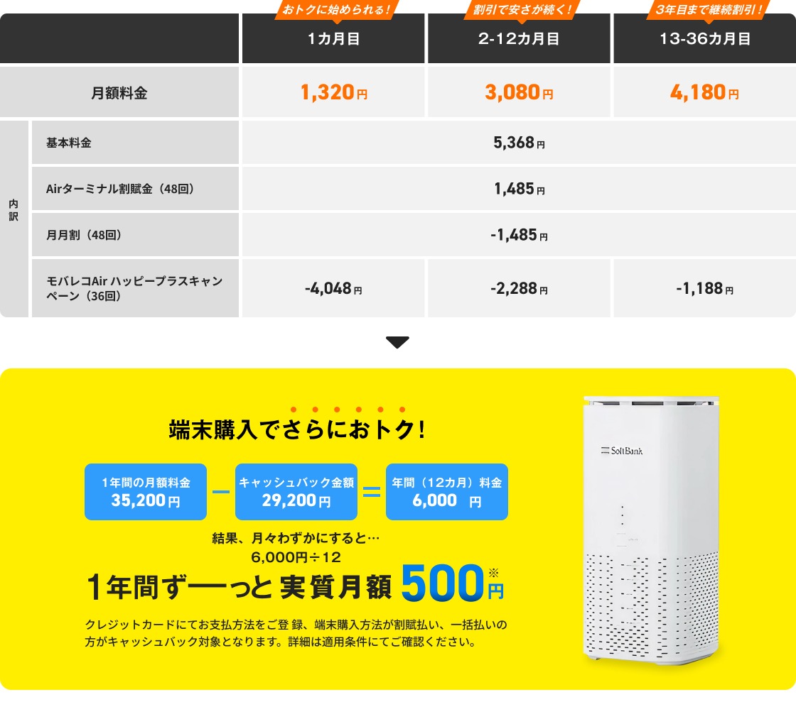 月額料金 1カ月目1,320円 2-12カ月3,080円 13-36カ月4,180円
