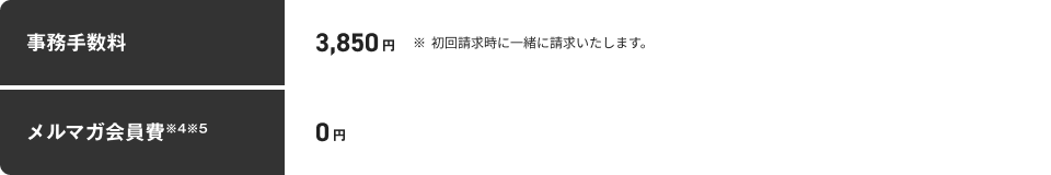 事務手数料 3,850円 ※初回請求時に一緒に請求いたします。 メルマガ会員費※4※5 0円