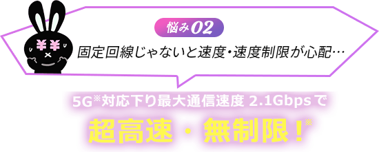 悩み02 固定回線じゃないと速度・速度制限が心配… 5G対応下り最大通信速度2.1Gbpsで超高速・無制限！