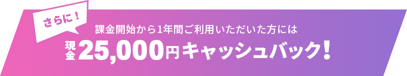 さらに！課金開始から1年間ご利用いただいた方には現金25,000円キャッシュバック！